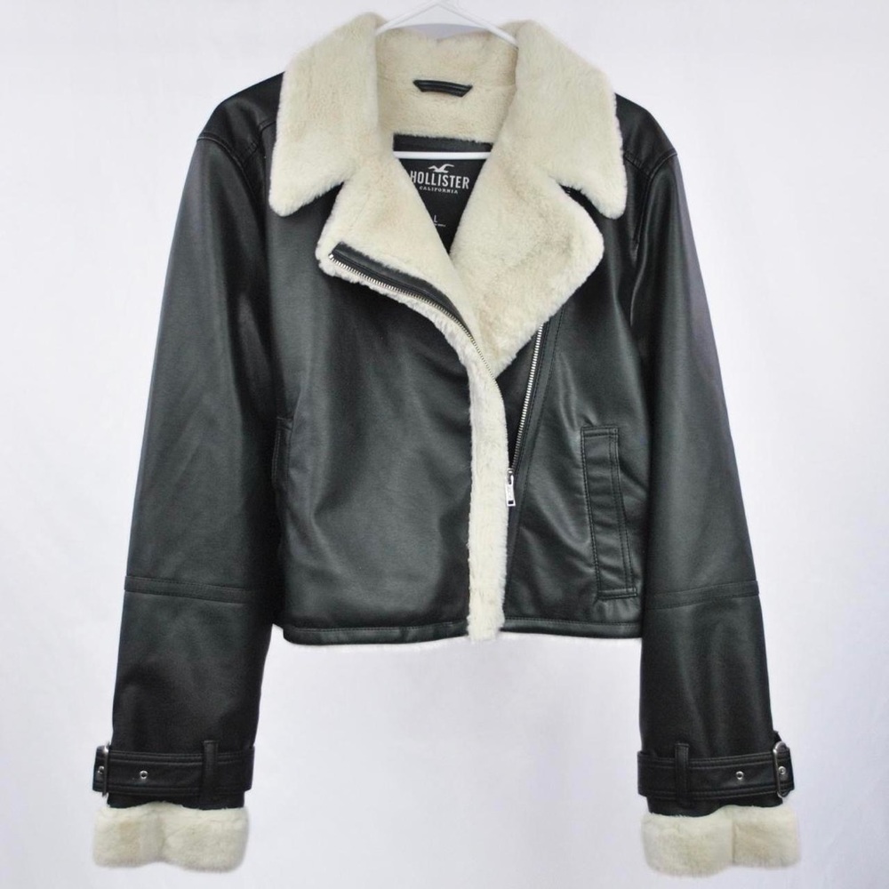 Sherpa lined faux leather black jacket hollister